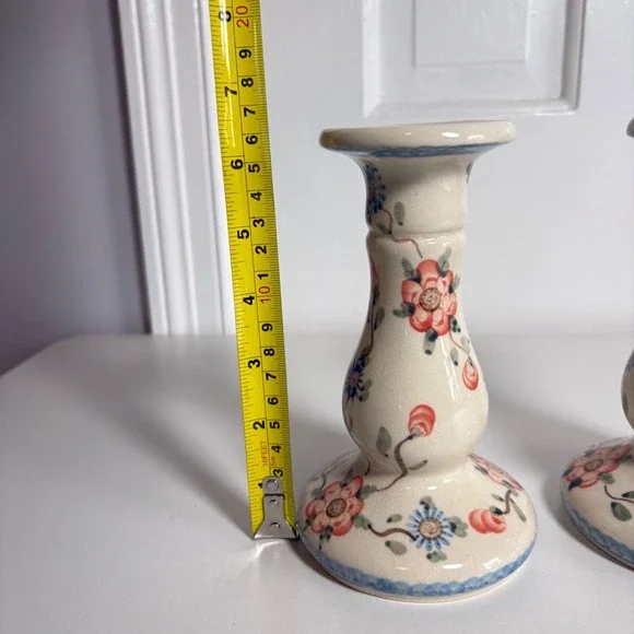 Boleslawiec Polish Pottery 2 Candlesticks Holder Blue Pink Floral 6.5" Tall - Picture 3 of 6